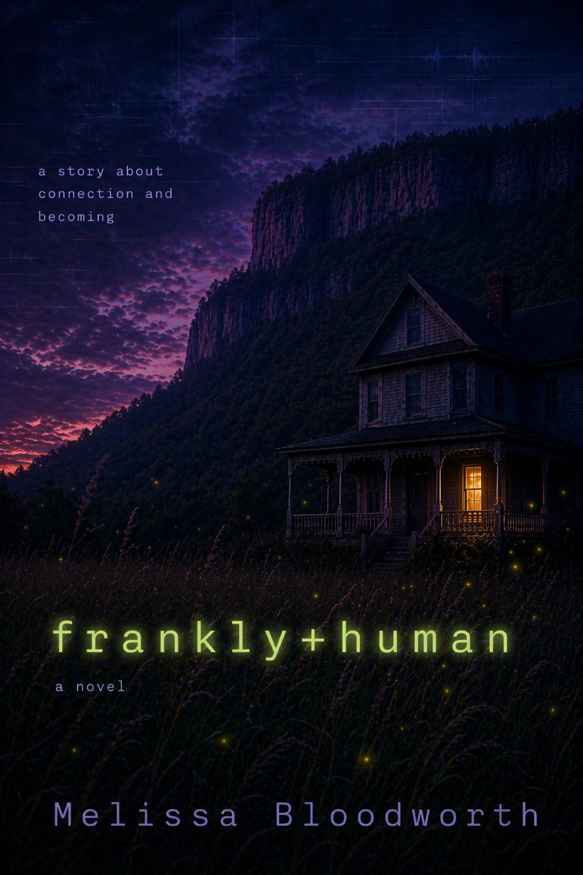 frankly + human cover art with a lit house at night beneath a mountain